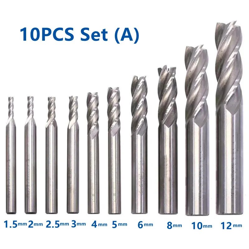 10PCS Set Combined HSS End Mill 4 Flutes High Speed Steel Milling Cutter 1.5mm - 12mm CNC Metal Milling Tools Set - RY MARKET PLACE