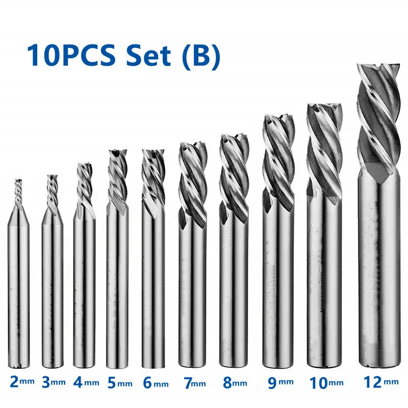 10PCS Set Combined HSS End Mill 4 Flutes High Speed Steel Milling Cutter 1.5mm - 12mm CNC Metal Milling Tools Set - RY MARKET PLACE