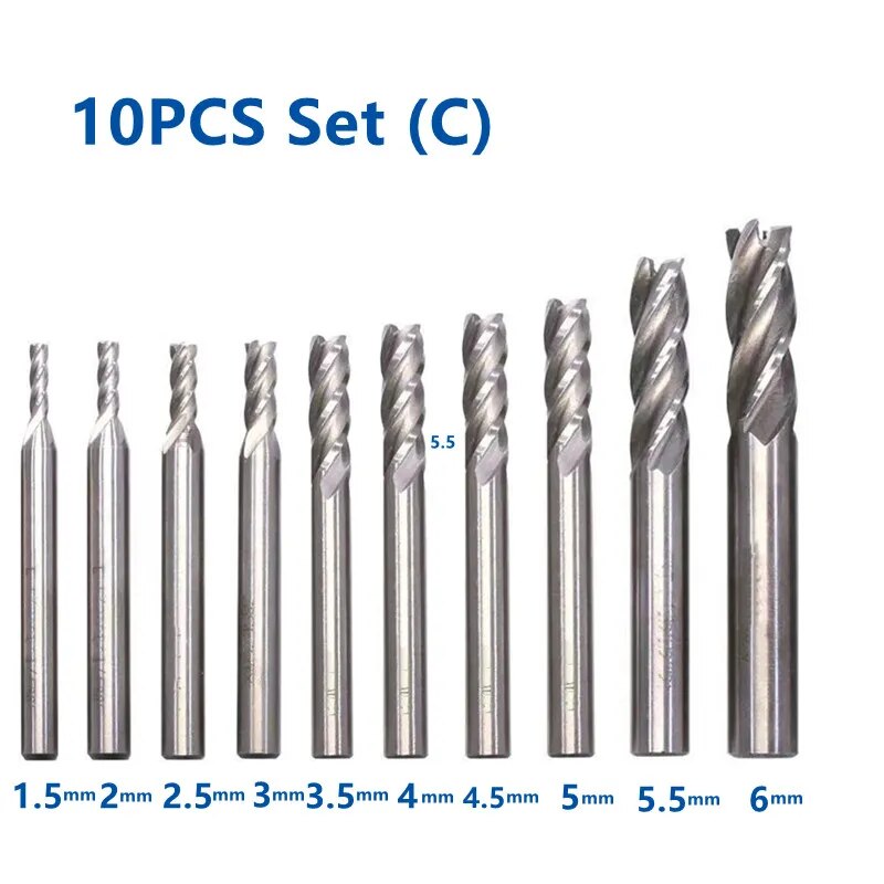 10PCS Set Combined HSS End Mill 4 Flutes High Speed Steel Milling Cutter 1.5mm - 12mm CNC Metal Milling Tools Set - RY MARKET PLACE