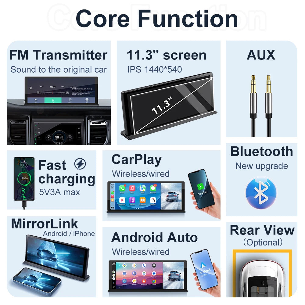 11.3 Inch Fully Fitted Screen Suspension Center Console Display CarPlay Android Auto Support Bluetooth AUX USB Fit for Benz BMW