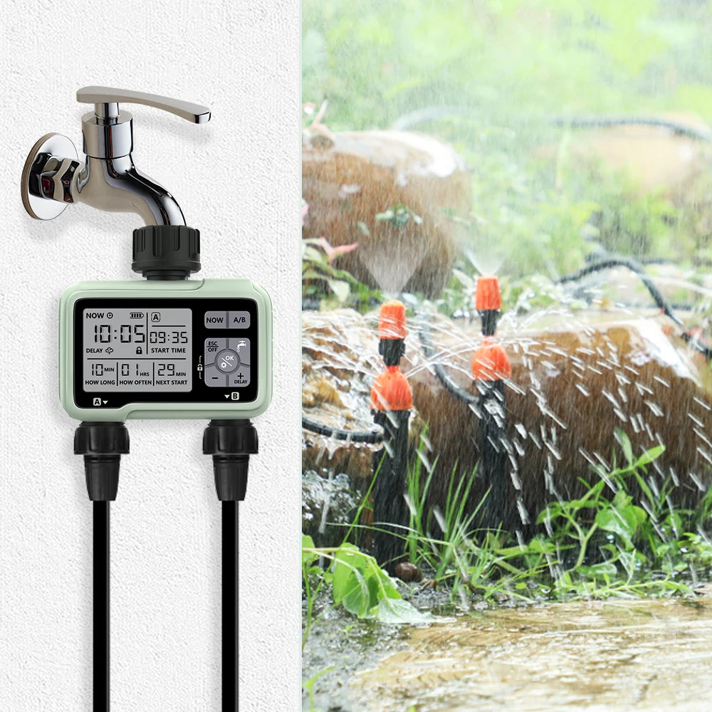 Eshico Large LCD Display 2-Outlet Household Outdoor Irrigation Water Timer Timed Automatic Garden Watering Tool