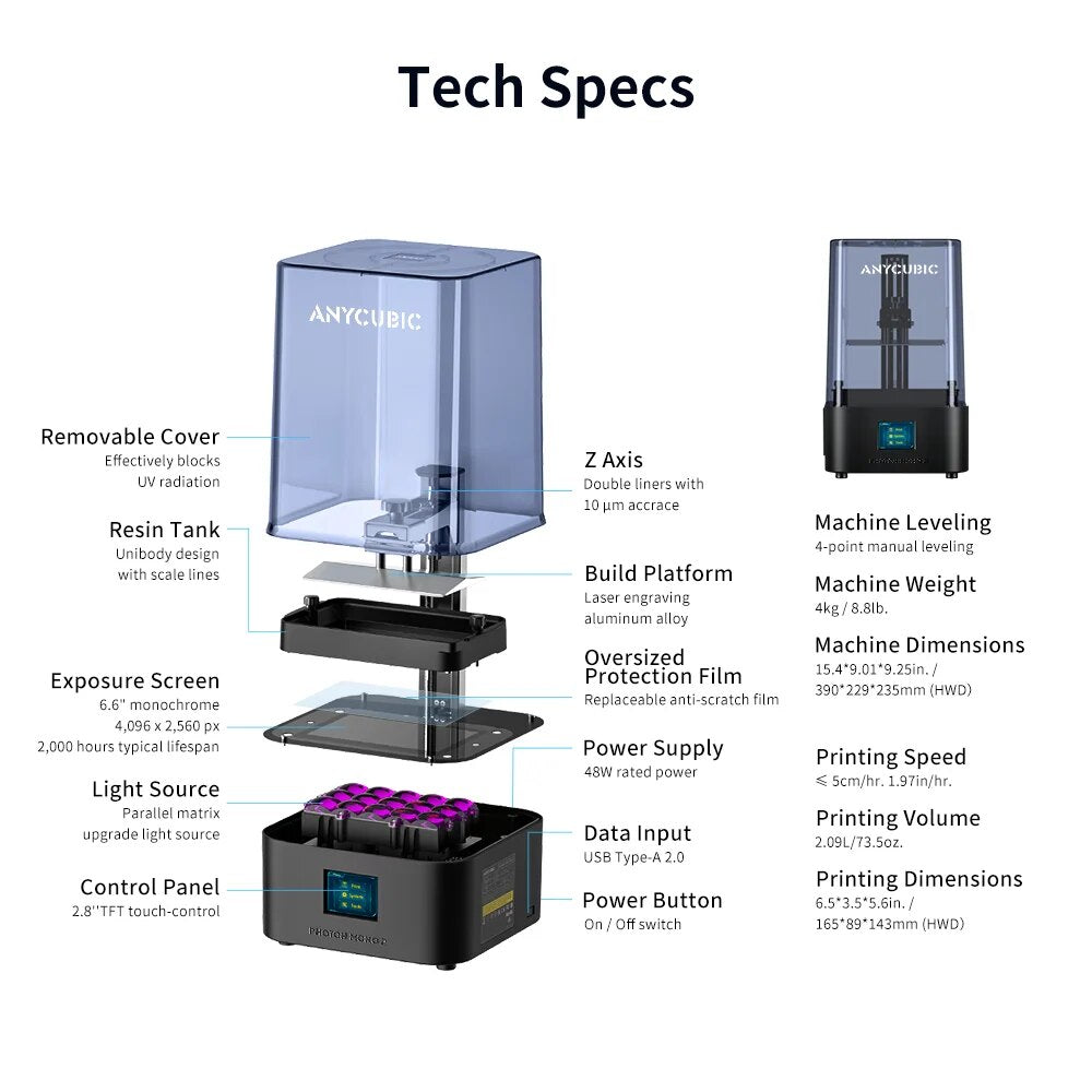 ANYCUBIC Photon Mono 2 SLA LCD 3D Printer 6.6'' 4K+ UV Resin Printers Huge Build Volume Printing Size 165*143*89mm - RY MARKET PLACE