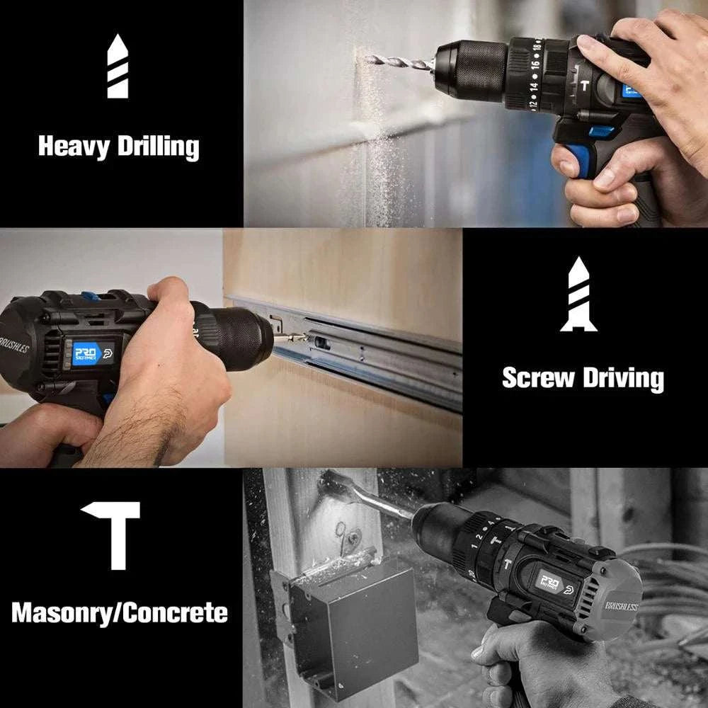 20V Brushless Hammer Drill 60NM Impact Electric Screwdriver Steel