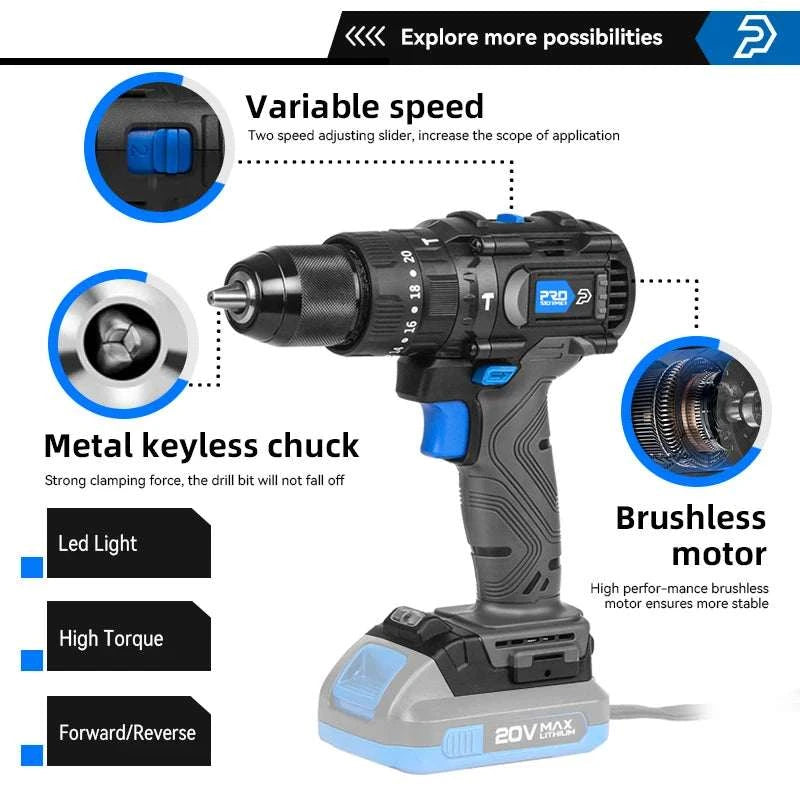 20V Brushless Hammer Drill 60NM Impact Electric Screwdriver Steel