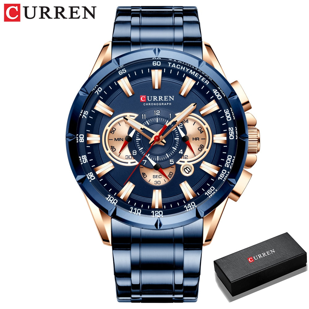 CURREN New Casual Sport Chronograph Men's Watches Stainless Steel Band Wristwatch Big Dial Quartz Clock with Luminous Pointers - RY MARKET PLACE