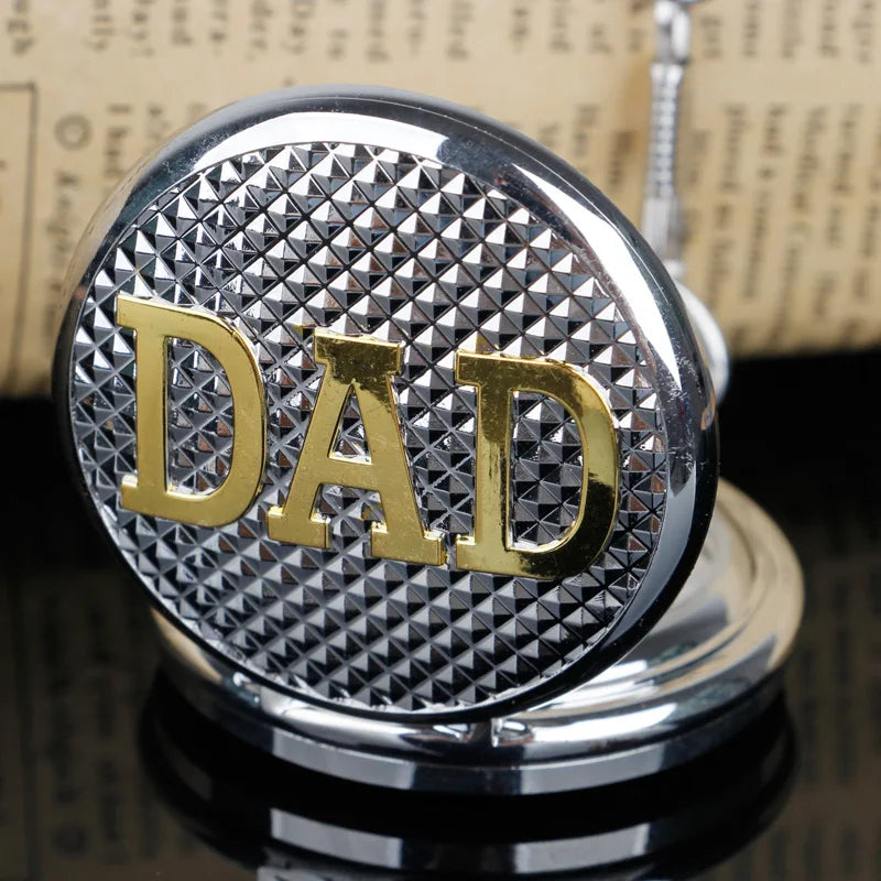 Engraved DAD Quartz Pocket Watch Vintage Necklace Pendant Bronze Mens Father's Day Gift