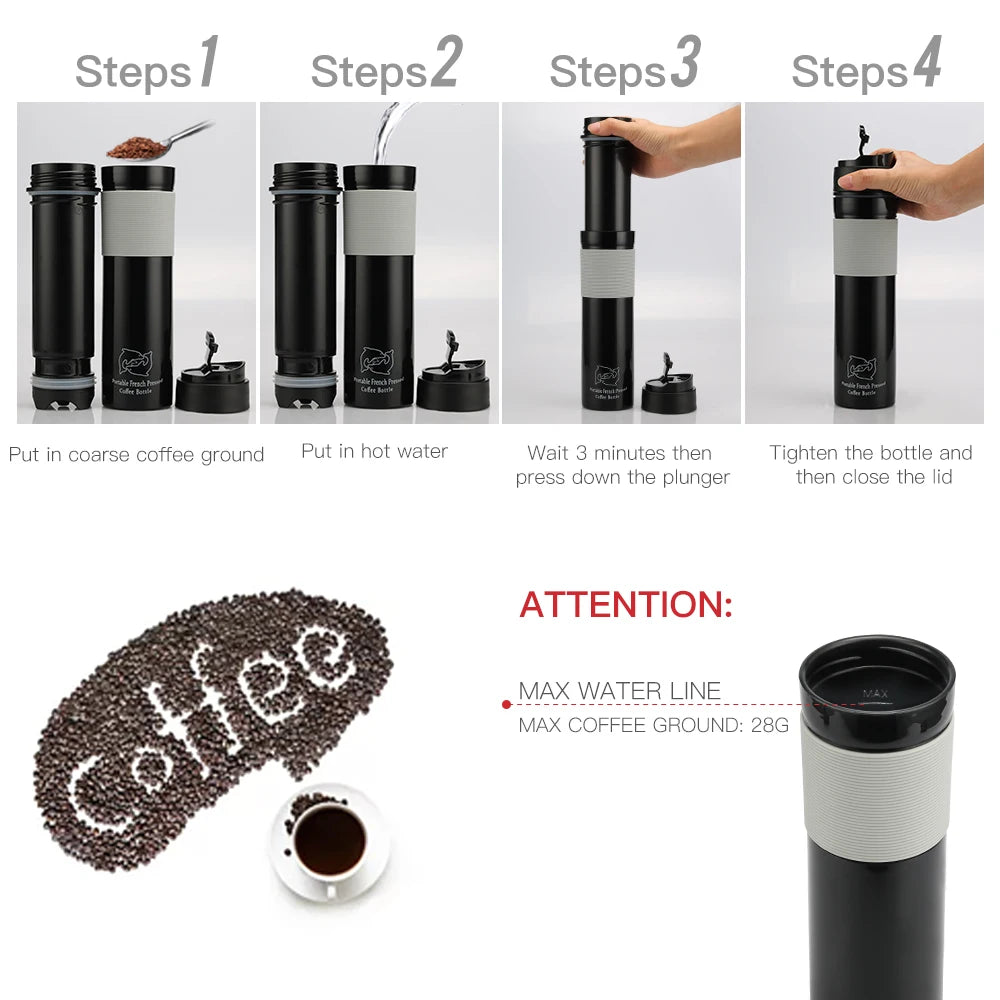 iCafilas 350ML Coffee Tea Portable French Press Coffee Maker Coffee Bottle Insulated Travel Mug Hand Pressure Coffee Pot For Car