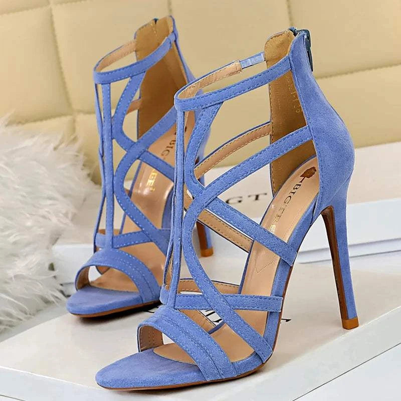 2023 Summer Women Designer 11cm Fetish High Heels Roman Sandals Flock Yellow Blue Heels Peep Toe Sandals Lady Nightclub Shoes