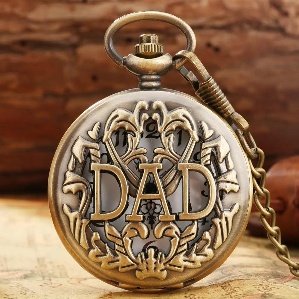 Antique DAD Pocket Watch Hollow Design Pendant Bronze Necklace Mens Fashion Pendant Happy Father's Day Gifts for Dad Daddy Clock