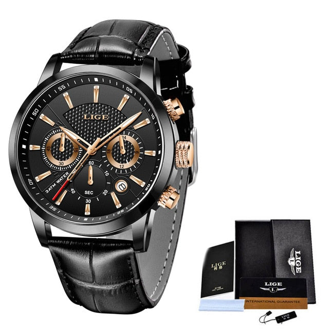 2023 New Mens Watches LIGE Top Brand Leather Chronograph Waterproof Sport Automatic Date Quartz Watch For Men Relogio Masculino - RY MARKET PLACE