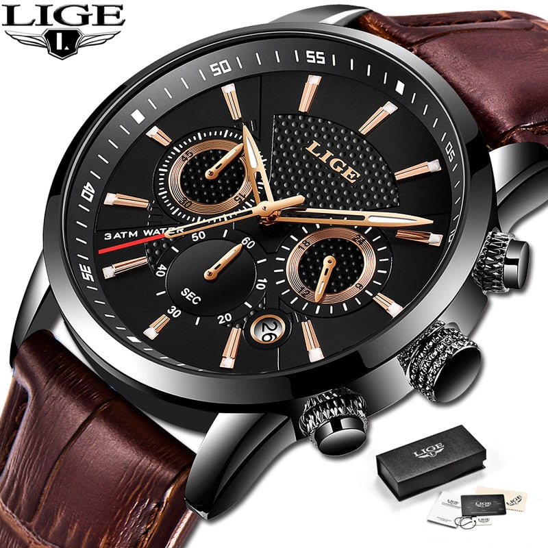 2023 New Mens Watches LIGE Top Brand Leather Chronograph Waterproof Sport Automatic Date Quartz Watch For Men Relogio Masculino - RY MARKET PLACE