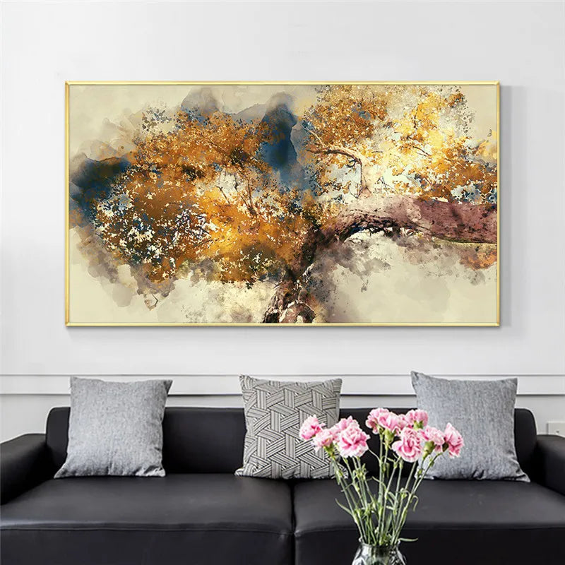 Modern Canvas Poster Painting on Canvas Abstract Textured Brown Trees with Yellow Leaves Wall Art Painting for Home Decor