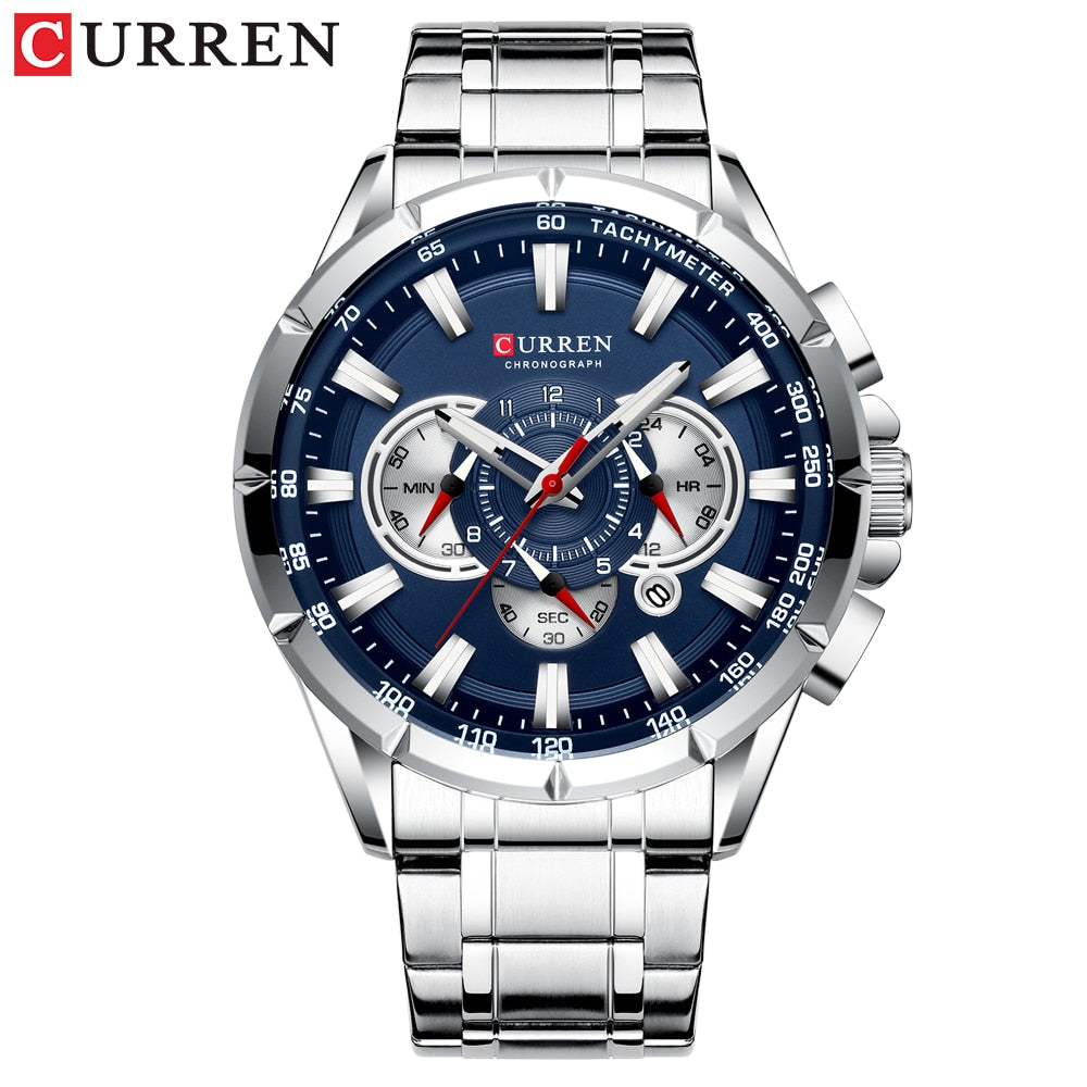 CURREN New Casual Sport Chronograph Men's Watches Stainless Steel Band Wristwatch Big Dial Quartz Clock with Luminous Pointers - RY MARKET PLACE