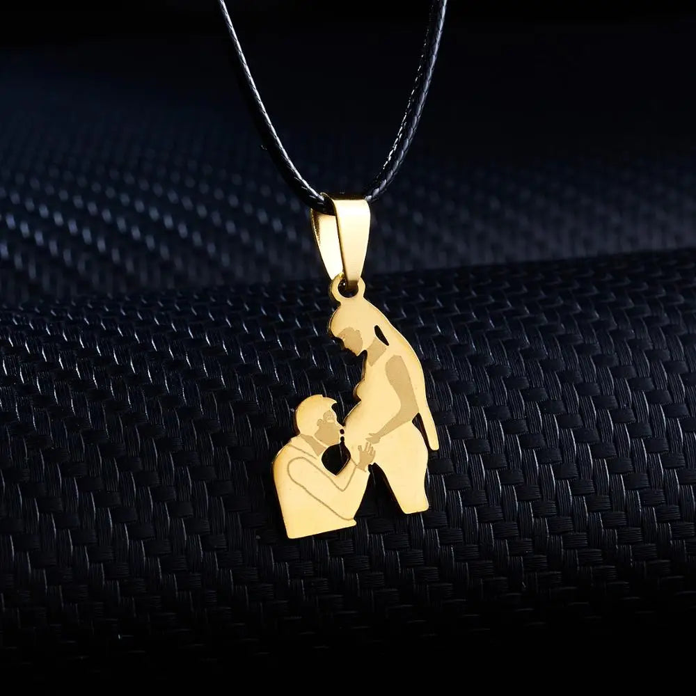 Mom Dad Baby Stainless Steel Necklace Women Gold Color Statement Necklace Mother's Day Gift Jewelry Leather Chain Charm Pendant