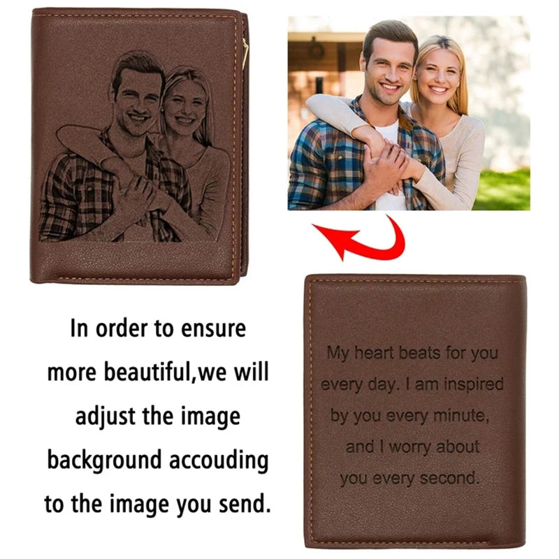 Engraved Wallets For Men Ultra-Thin Young Short PU leather Wallet Fashion Custom Photo Engraving Father's Day Gift Wallet