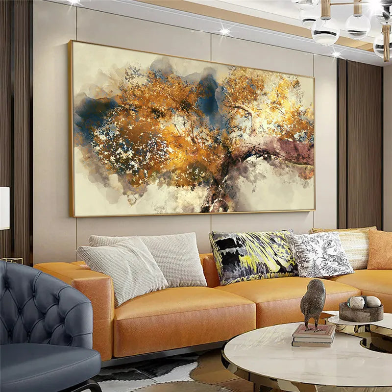 Modern Canvas Poster Painting on Canvas Abstract Textured Brown Trees with Yellow Leaves Wall Art Painting for Home Decor