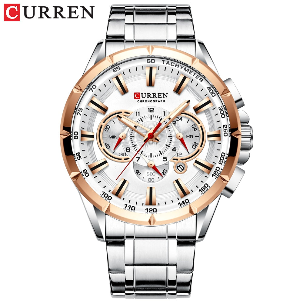 CURREN New Casual Sport Chronograph Men's Watches Stainless Steel Band Wristwatch Big Dial Quartz Clock with Luminous Pointers - RY MARKET PLACE