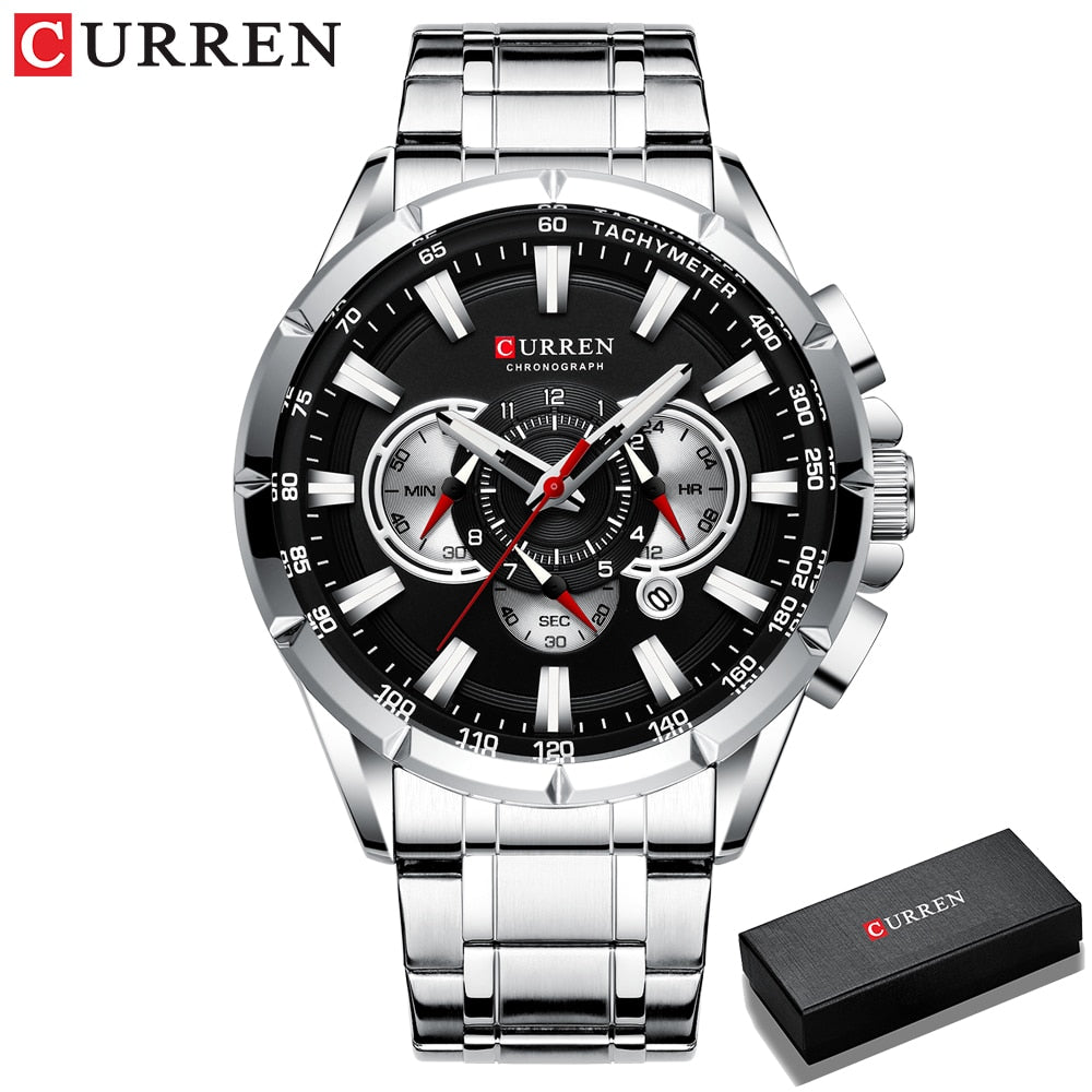 CURREN New Casual Sport Chronograph Men's Watches Stainless Steel Band Wristwatch Big Dial Quartz Clock with Luminous Pointers - RY MARKET PLACE