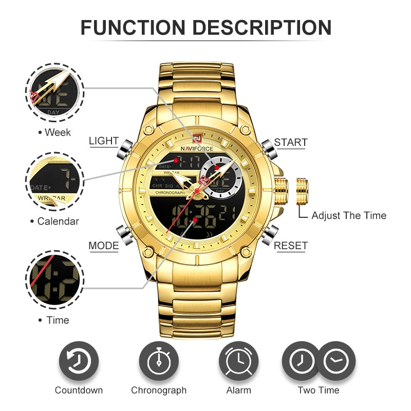 NAVIFORCE Luxury Original Sports Wrist Watch For Men Quartz Steel Waterproof Digital Fashion Watches Male Relogio Masculino 9163 - RY MARKET PLACE