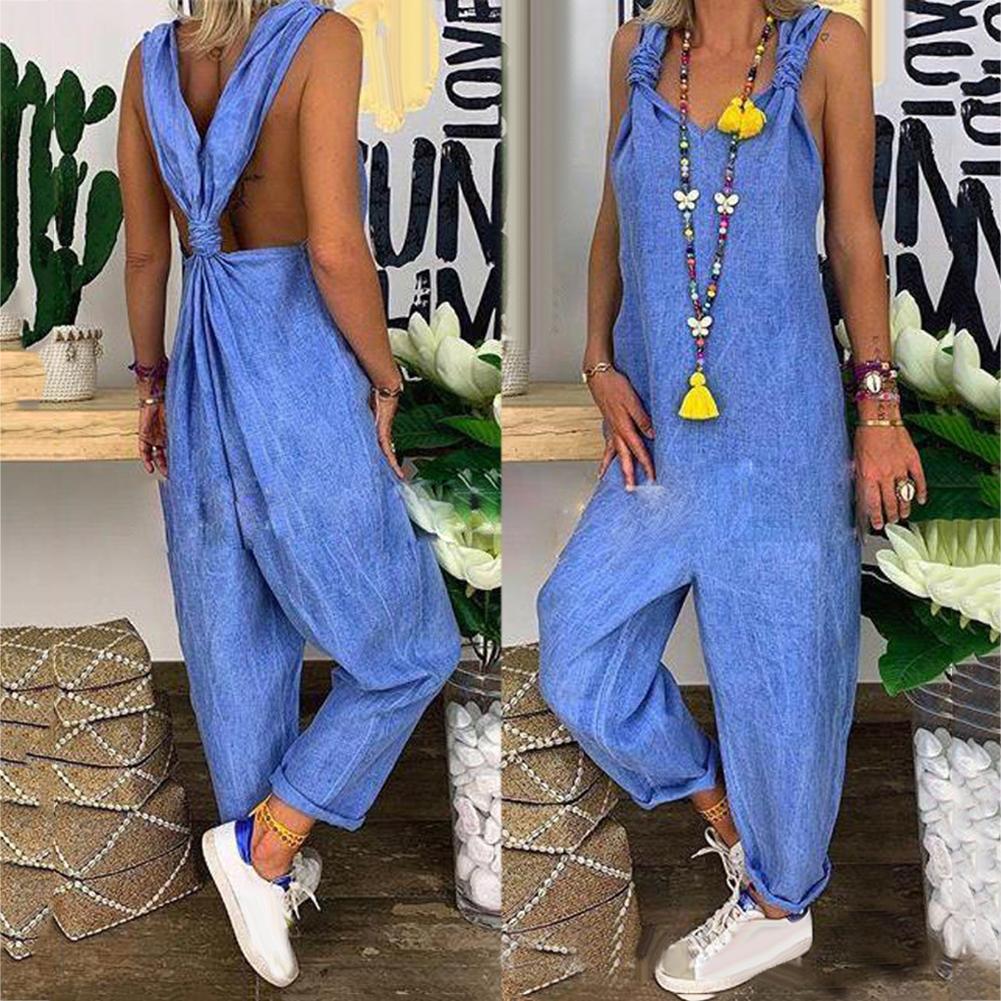 80% HOT SALES！！！Women Solid Color Bib Overall Sleeveless Backless Knotted Jumpsuit Dungarees - RY MARKET PLACE