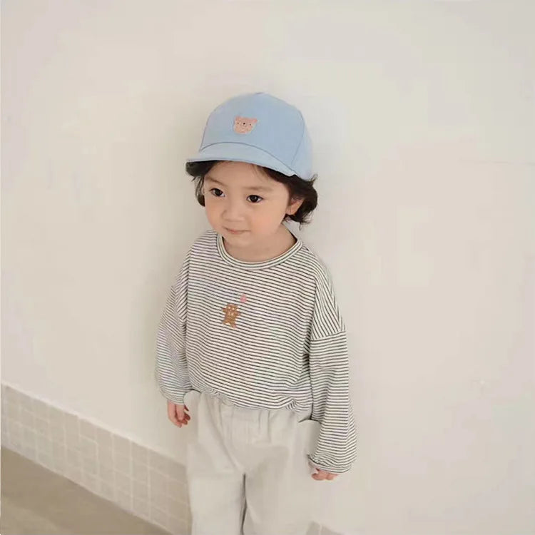 2020 Autumn Children'S Clothing New Girl Bear Print Long-Sleeved Striped T-Shirt Children'S Autumn And Winter Baby Cotton Bottom