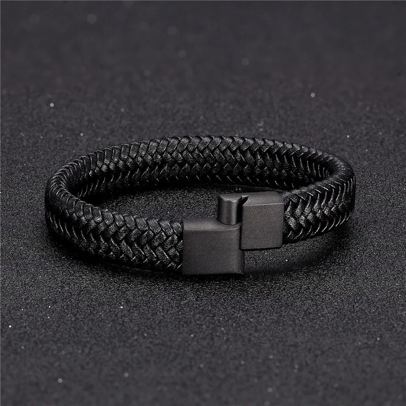 MKENDN Punk Men Leather Bracelet Black Stainless Steel Magnetic Clasp Braided Woven Bangle Pulseras lovers' gift