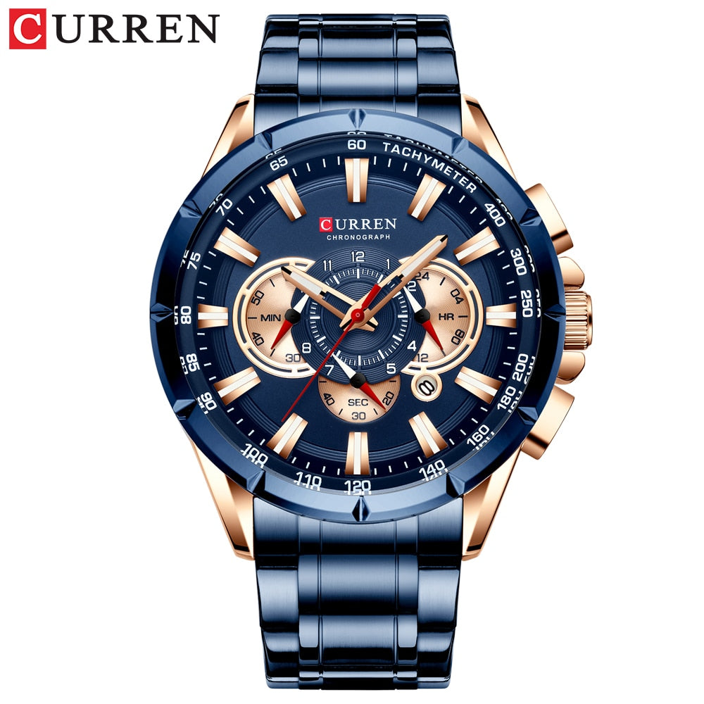 CURREN New Casual Sport Chronograph Men's Watches Stainless Steel Band Wristwatch Big Dial Quartz Clock with Luminous Pointers - RY MARKET PLACE