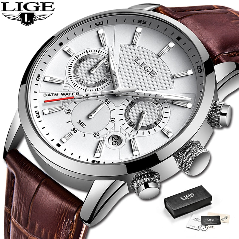 2023 New Mens Watches LIGE Top Brand Leather Chronograph Waterproof Sport Automatic Date Quartz Watch For Men Relogio Masculino - RY MARKET PLACE