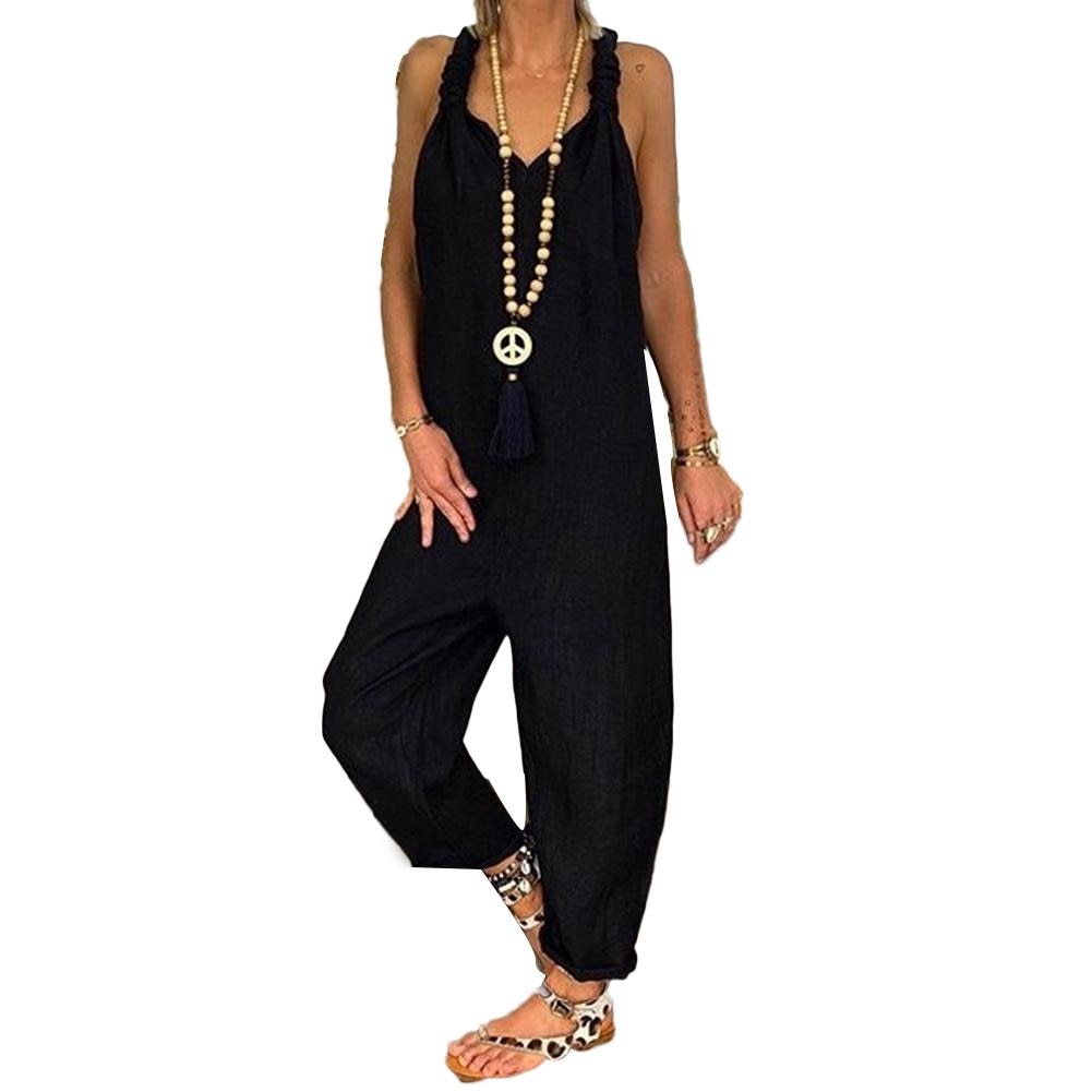 80% HOT SALES！！！Women Solid Color Bib Overall Sleeveless Backless Knotted Jumpsuit Dungarees - RY MARKET PLACE