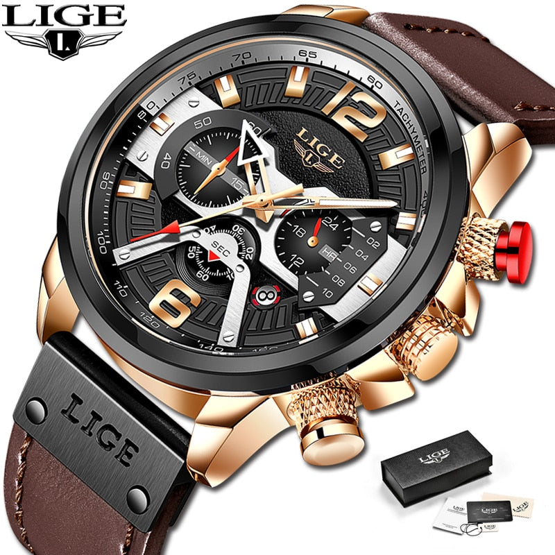 2023 New Mens Watches LIGE Top Brand Leather Chronograph Waterproof Sport Automatic Date Quartz Watch For Men Relogio Masculino - RY MARKET PLACE