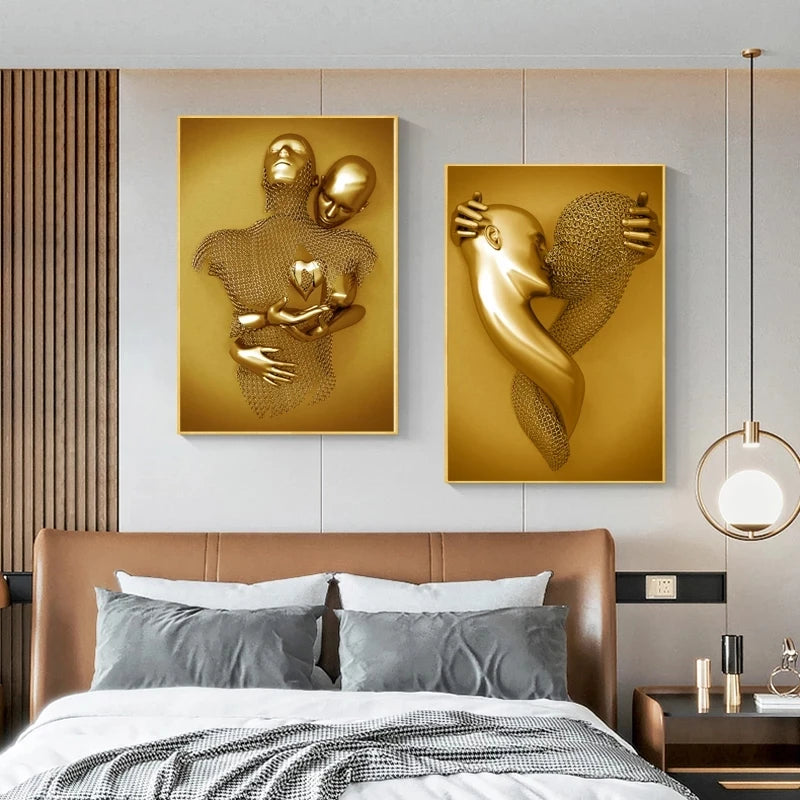 Modern Golden Metal Figure Statue Sculpture Art Posters Print Lover Canvas Paintings on The Wall Art Pictures for Home Decor