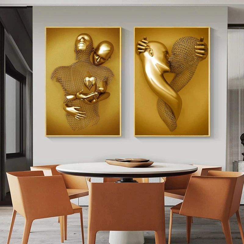 Modern Golden Metal Figure Statue Sculpture Art Posters Print Lover Canvas Paintings on The Wall Art Pictures for Home Decor