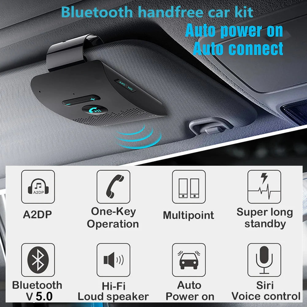 Bluetooth Speaker Handsfree Car Kit Sun Visor Clip Wireless Audio Receiver Speakerphone Loud Music Player Dual Microphone