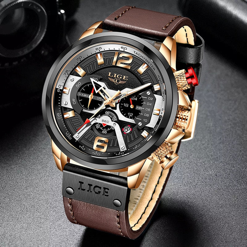 2023 New Mens Watches LIGE Top Brand Leather Chronograph Waterproof Sport Automatic Date Quartz Watch For Men Relogio Masculino - RY MARKET PLACE