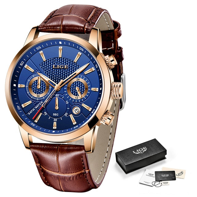 2023 New Mens Watches LIGE Top Brand Leather Chronograph Waterproof Sport Automatic Date Quartz Watch For Men Relogio Masculino - RY MARKET PLACE