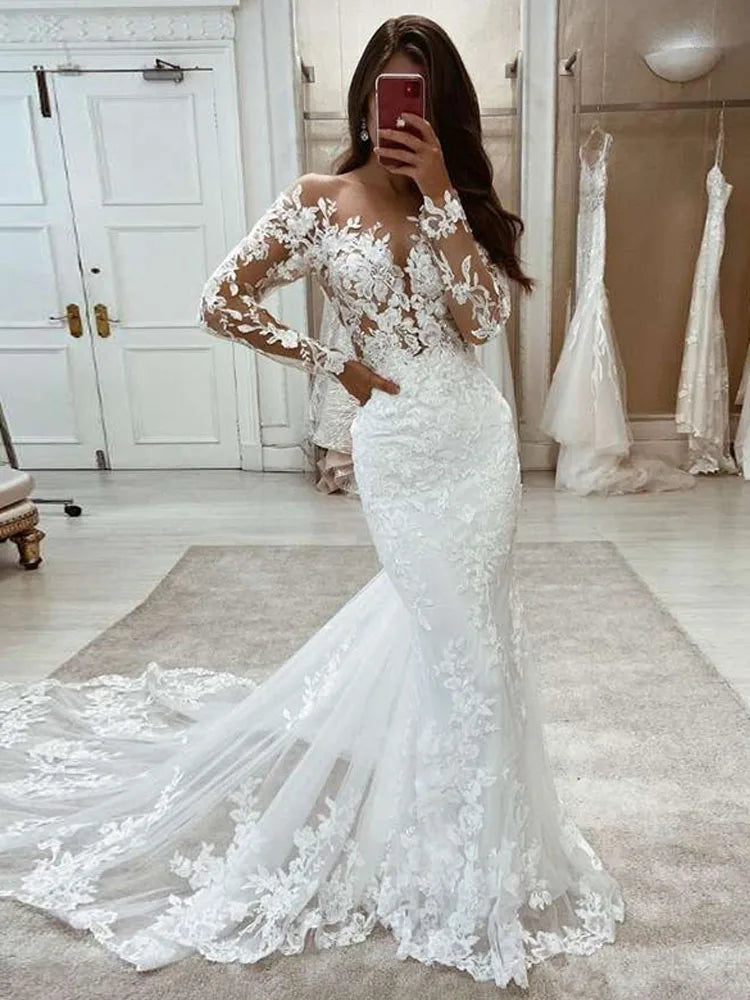 LORIE Boho Wedding Dresses Mermaid Lace Long Sleeves Wedding Gown Vintage White Ivory Custom Made Luxury Bridal Dress 2021
