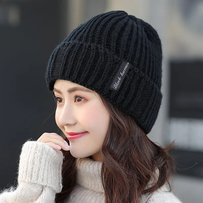 New Unisex Letter Warm Winter Hats Stylish Add Fur Lined Soft Beanie Cap Thick Winter Knitted Hats For Men & Women Dropshipping