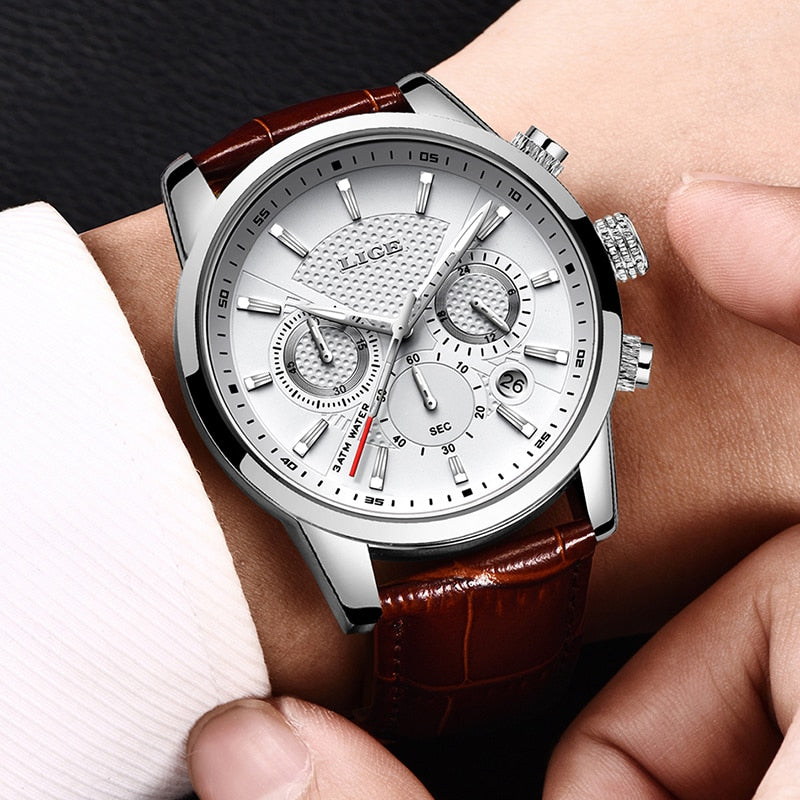 2023 New Mens Watches LIGE Top Brand Leather Chronograph Waterproof Sport Automatic Date Quartz Watch For Men Relogio Masculino - RY MARKET PLACE