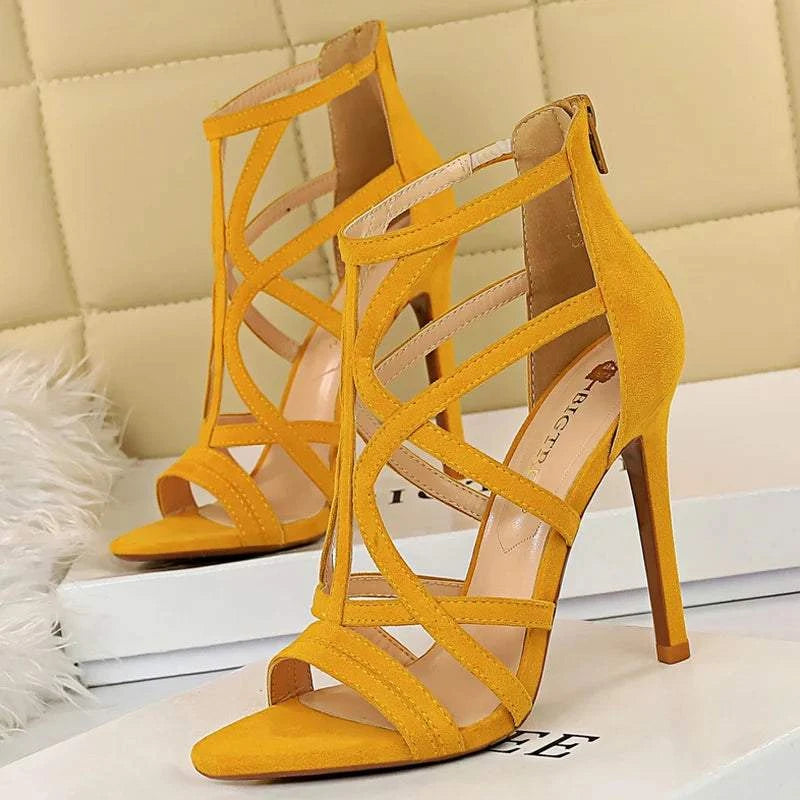 2023 Summer Women Designer 11cm Fetish High Heels Roman Sandals Flock Yellow Blue Heels Peep Toe Sandals Lady Nightclub Shoes