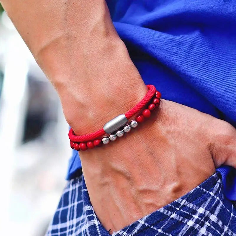 2Pieces/Set Bracelet Homme Lucky Red Thread Braslet Magnet Braclet 6mm Natural Map Tiger Eye Lapis Lazuli Stone Brazalete Gift