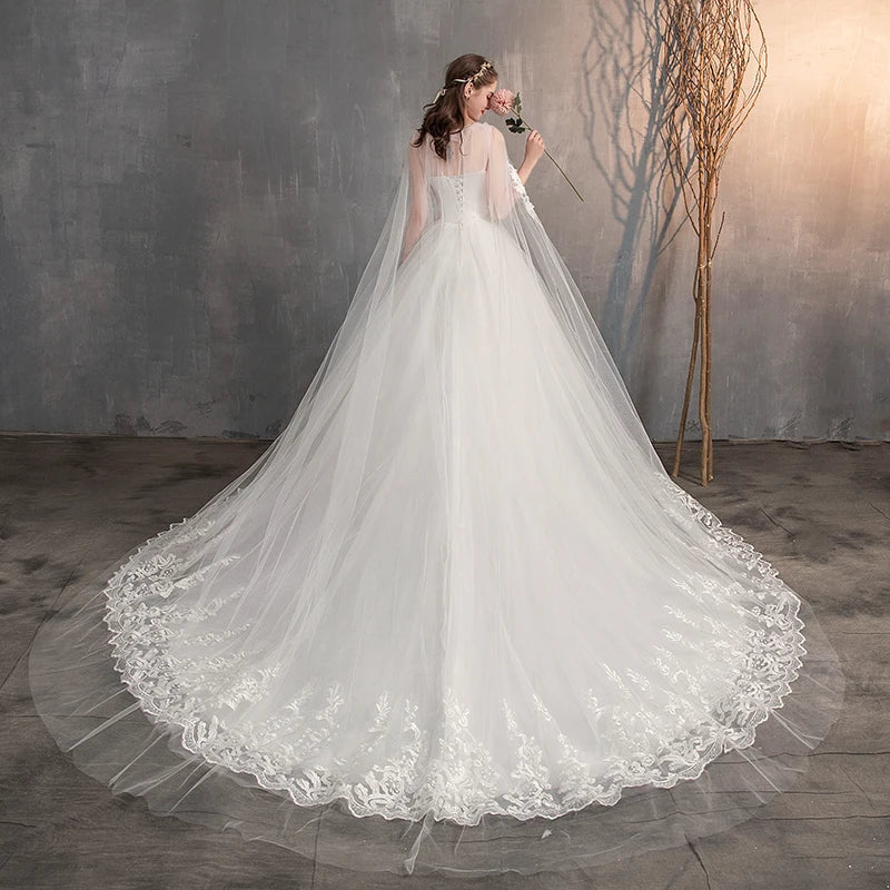 2023 Chinese Wedding Dress With Long Cap Lace Wedding Gown With Long Train Embroidery Princess Plus Szie Bridal Dress