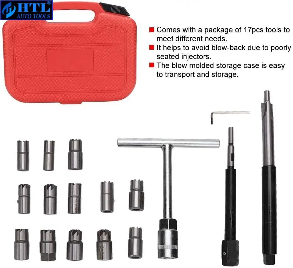 Injector Remover 17Pcs Diesel Injector Seat & Cleaner Carbon Remover Seat Tools Cutter Milling Cutter Set Universal Car Tool Kit