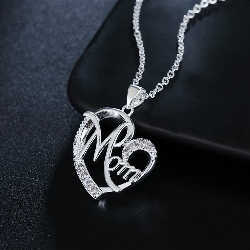 925 Sterling Silver Women Necklaces Letter MOM Heart Shape Zircon Necklaces Mother's Day Gift Fine Jewelry Charm Gifts