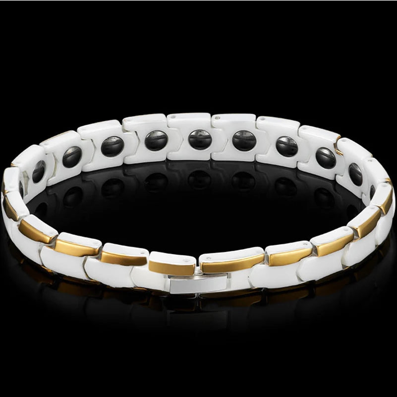 Gold Color White Ceramic Magnetic Therapy Bracelet for Women Girls Arthritis Pain Relief Wristband Armband Birthday Day Gifts