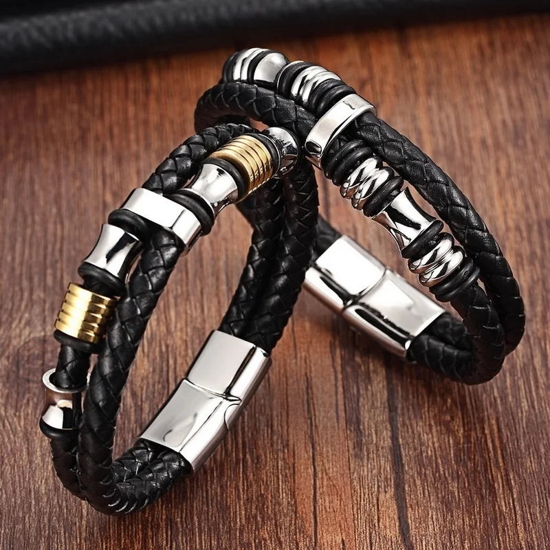 Genuine Leather Bracelet Double Layer Stainless Steel Bracelet Bangle Special Jewelry for Men Father's Day Gift Men's Bracelet