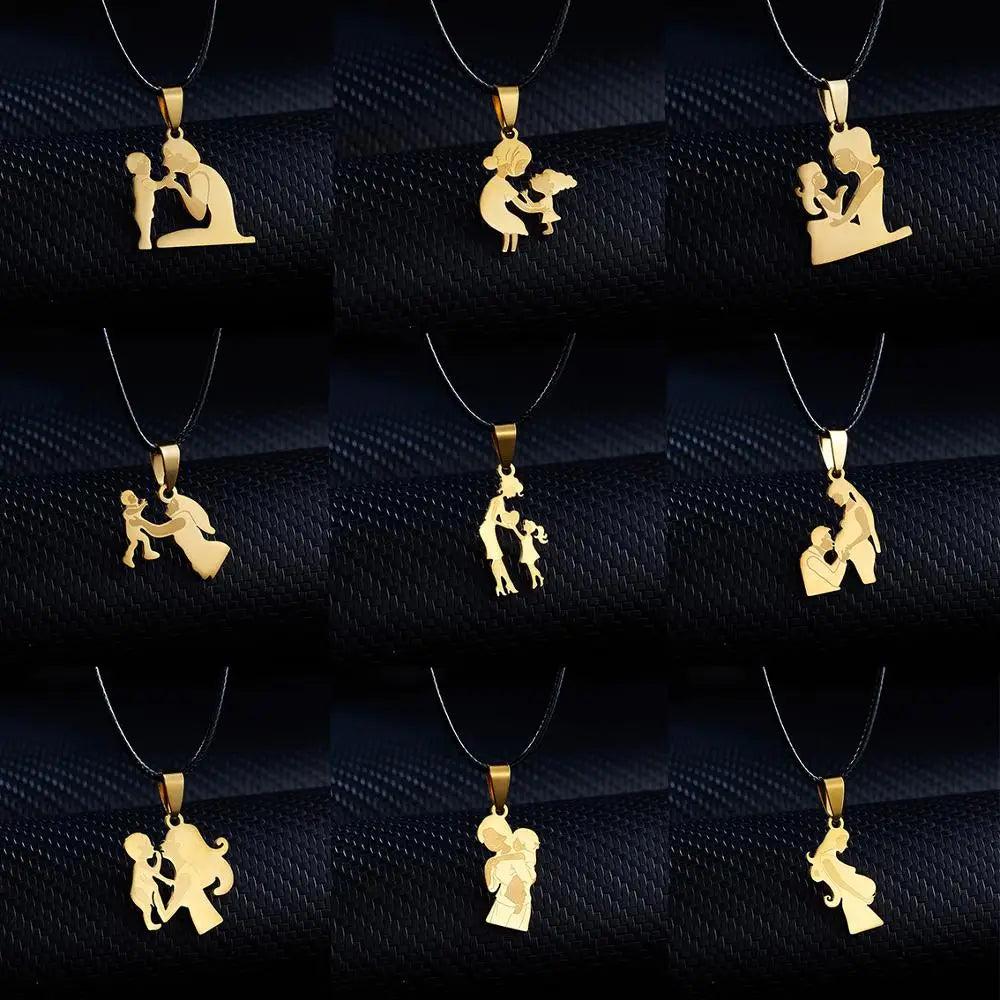 Mom Dad Baby Stainless Steel Necklace Women Gold Color Statement Necklace Mother's Day Gift Jewelry Leather Chain Charm Pendant