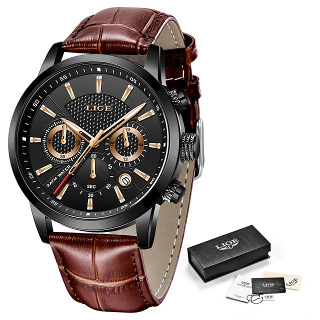 2023 New Mens Watches LIGE Top Brand Leather Chronograph Waterproof Sport Automatic Date Quartz Watch For Men Relogio Masculino - RY MARKET PLACE