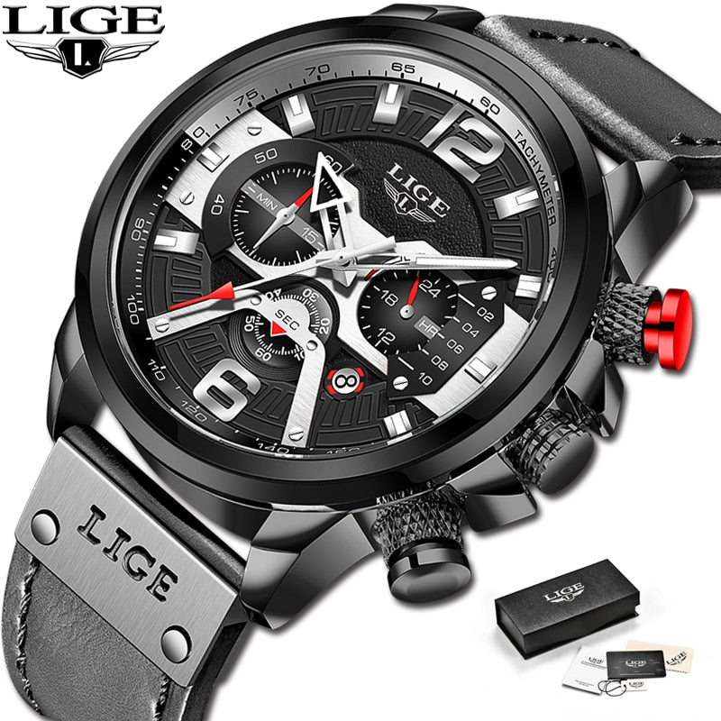 2023 New Mens Watches LIGE Top Brand Leather Chronograph Waterproof Sport Automatic Date Quartz Watch For Men Relogio Masculino - RY MARKET PLACE