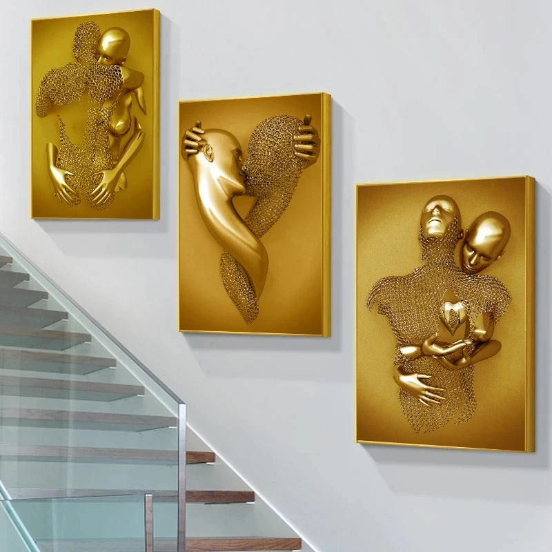 Modern Golden Metal Figure Statue Sculpture Art Posters Print Lover Canvas Paintings on The Wall Art Pictures for Home Decor