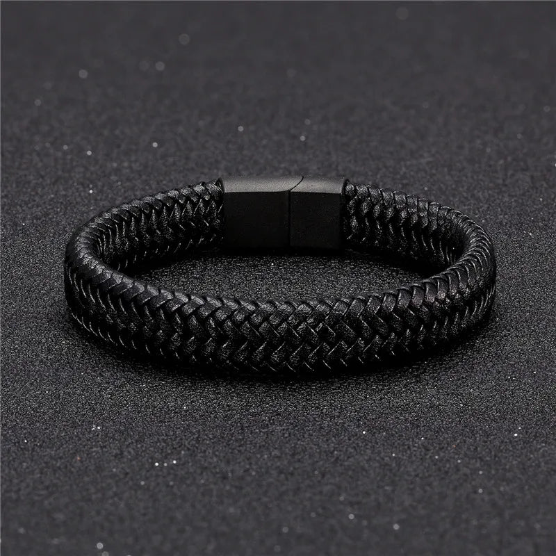 MKENDN Punk Men Leather Bracelet Black Stainless Steel Magnetic Clasp Braided Woven Bangle Pulseras lovers' gift